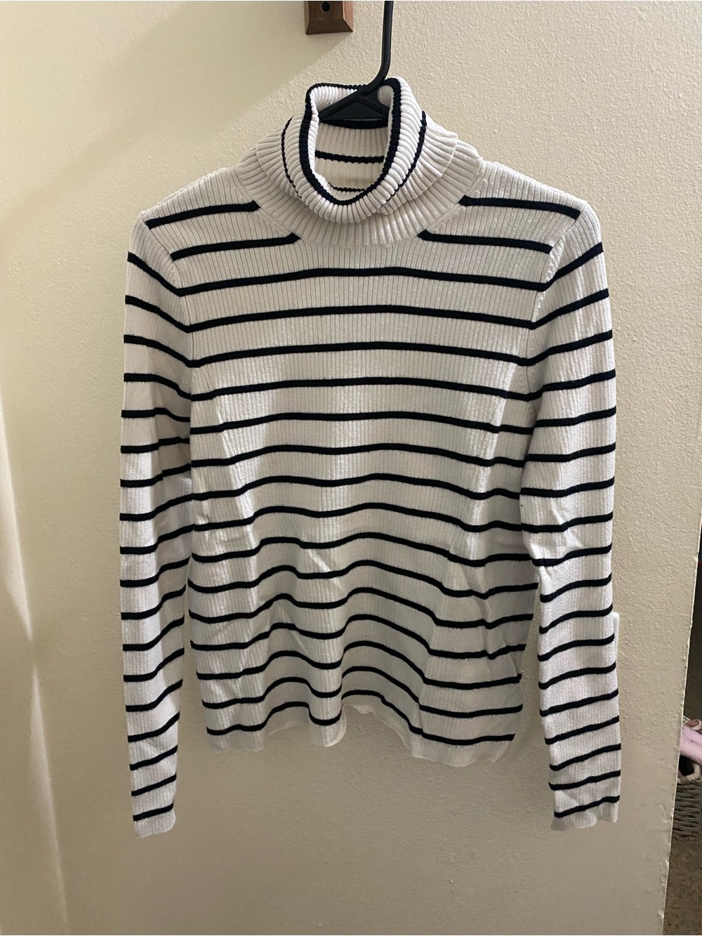a new day White and Black Striped Turtleneck Sweater